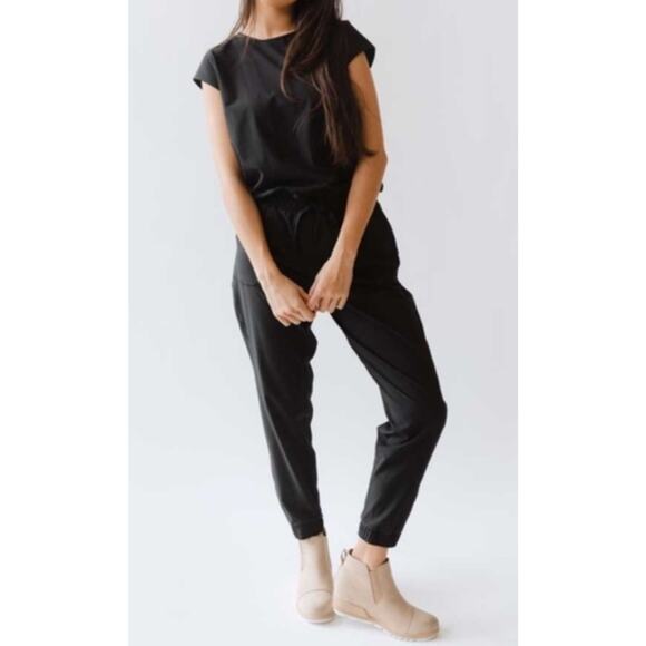 Albion Fit Everyday Jumpsuit •XL Petite•Black Ankle Zip Elastic Drawstring Waist - Picture 4 of 14